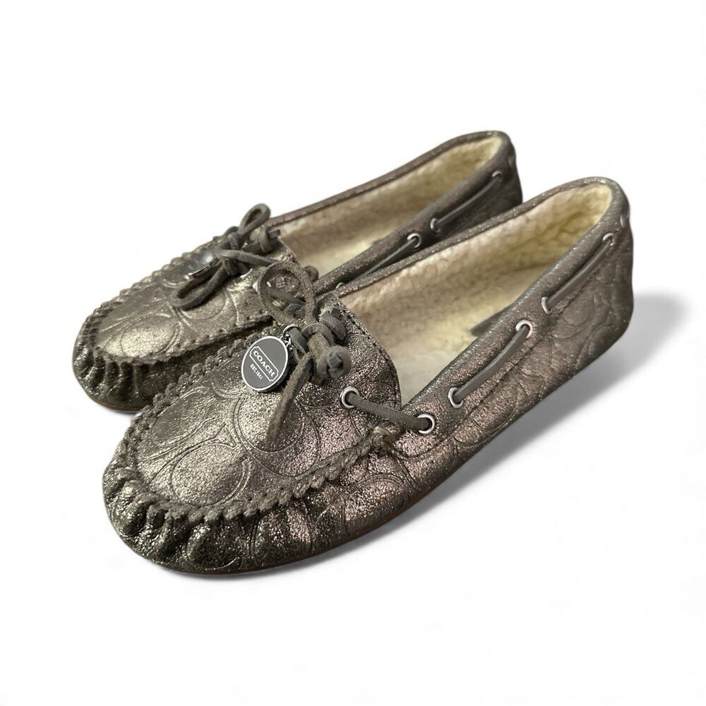 Coach Antonia Driving Moccasins Leather Shearling Metallic Gold with Charms 7.5B